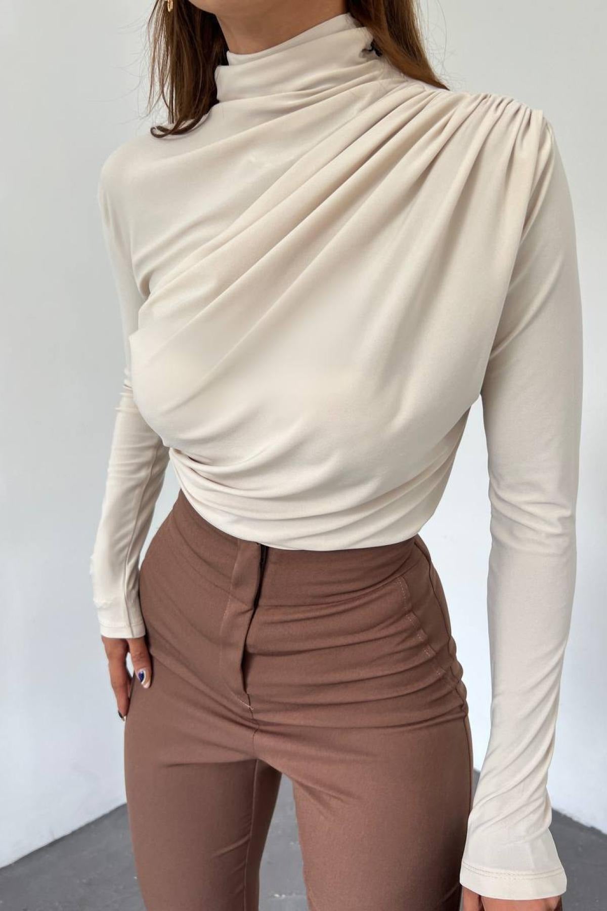 Gedrapeerde Blouse Dames – Longsleeve Met Col