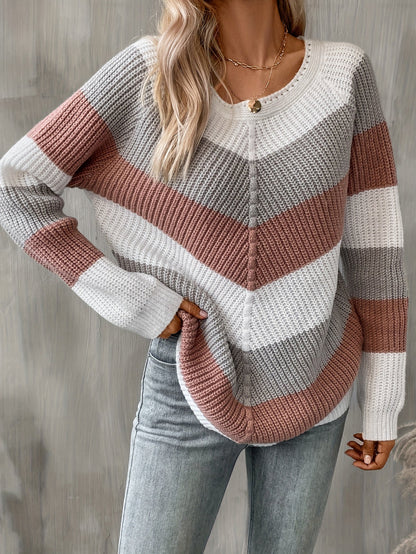 Colorblock Trui Dames – Gebreide Sweater Met Chevronpatroon