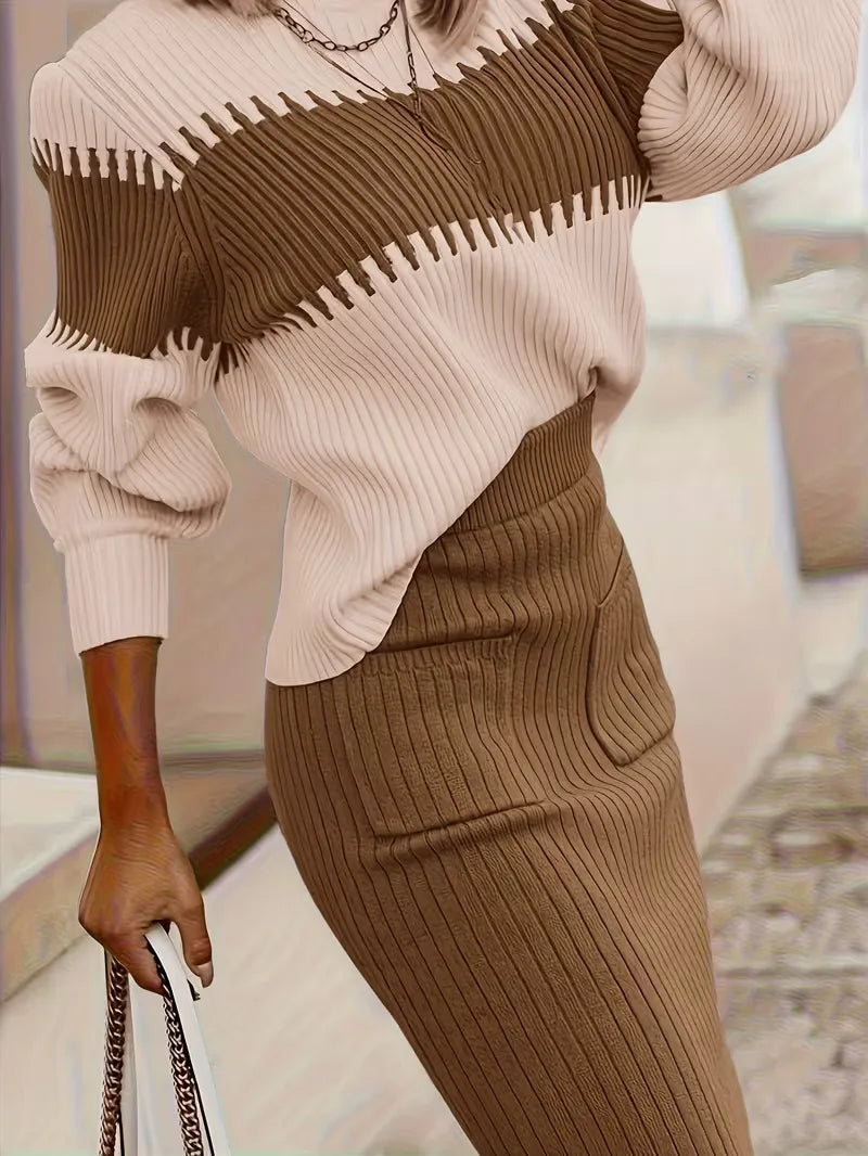 Tweedelige Ribgebreide Set Dames – Trui & Bijpassende Rok