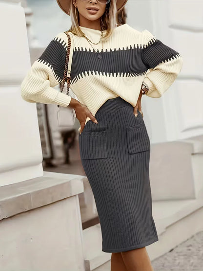Tweedelige Ribgebreide Set Dames – Trui & Bijpassende Rok