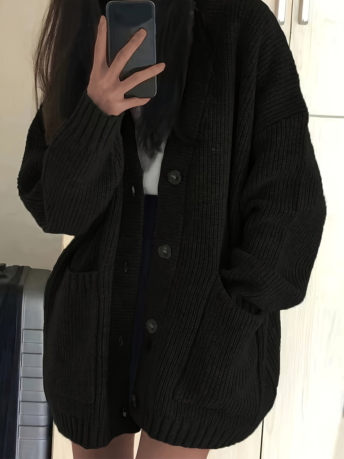 Lange Oversized Dames Cardigan Met V-Hals En Opgestikte Zakken