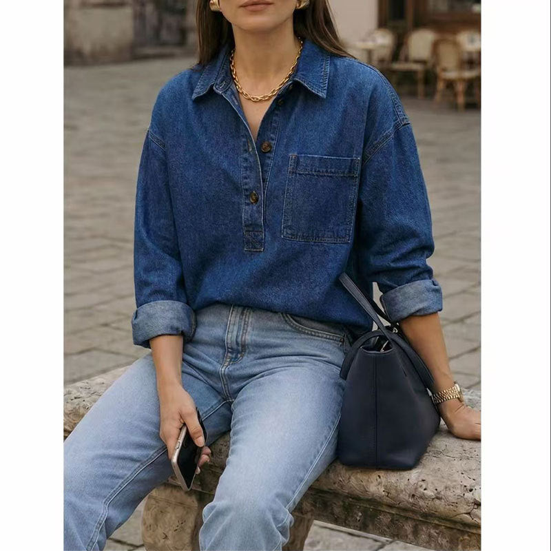 Denim Blouse Dames Met Lange Mouwen – Verbleekte Spijkerlook