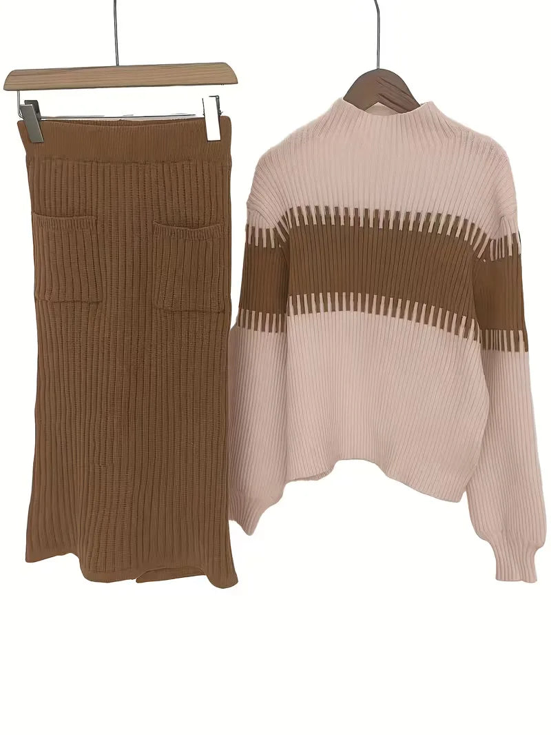 Tweedelige Ribgebreide Set Dames – Trui & Bijpassende Rok