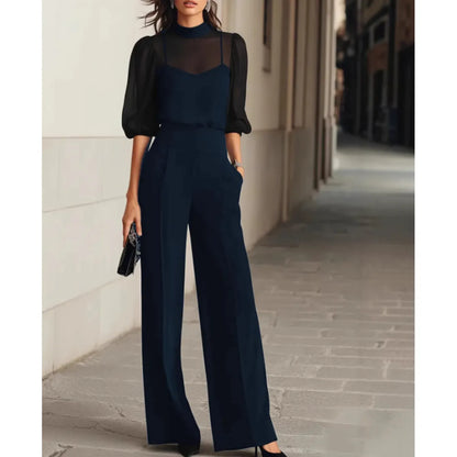 Luxe Dames Jumpsuit Met Transparante Mouwen En Wijde Pijpen