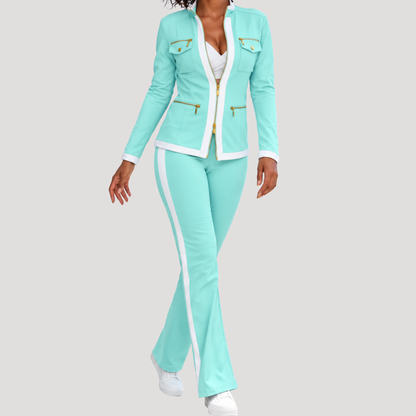 Sportieve Dames Tweedelige Set Met Ritsjack En Flared Broek