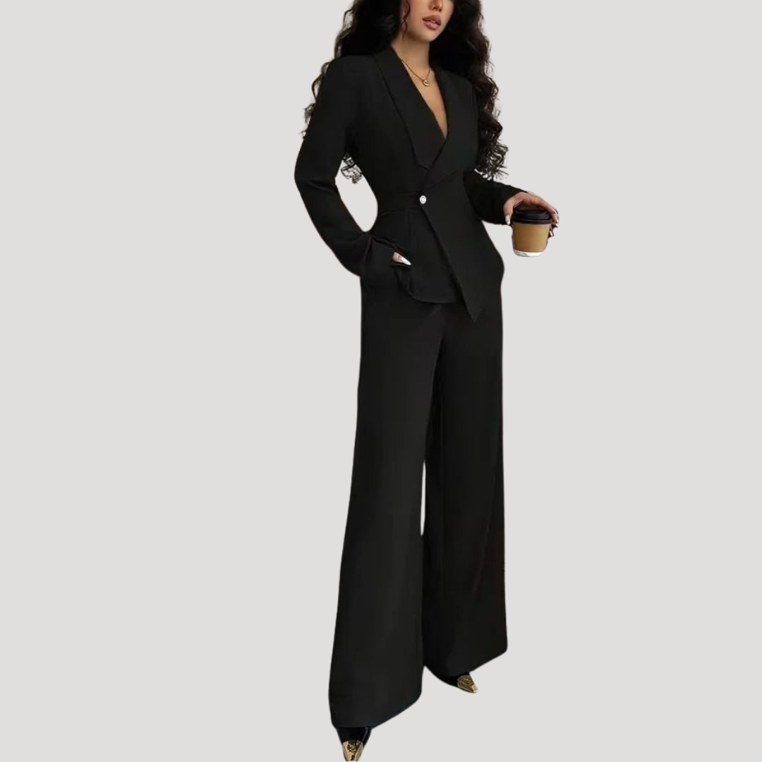 Luxe Dames Pak Met Getailleerde Blazer En Wijde Pantalon