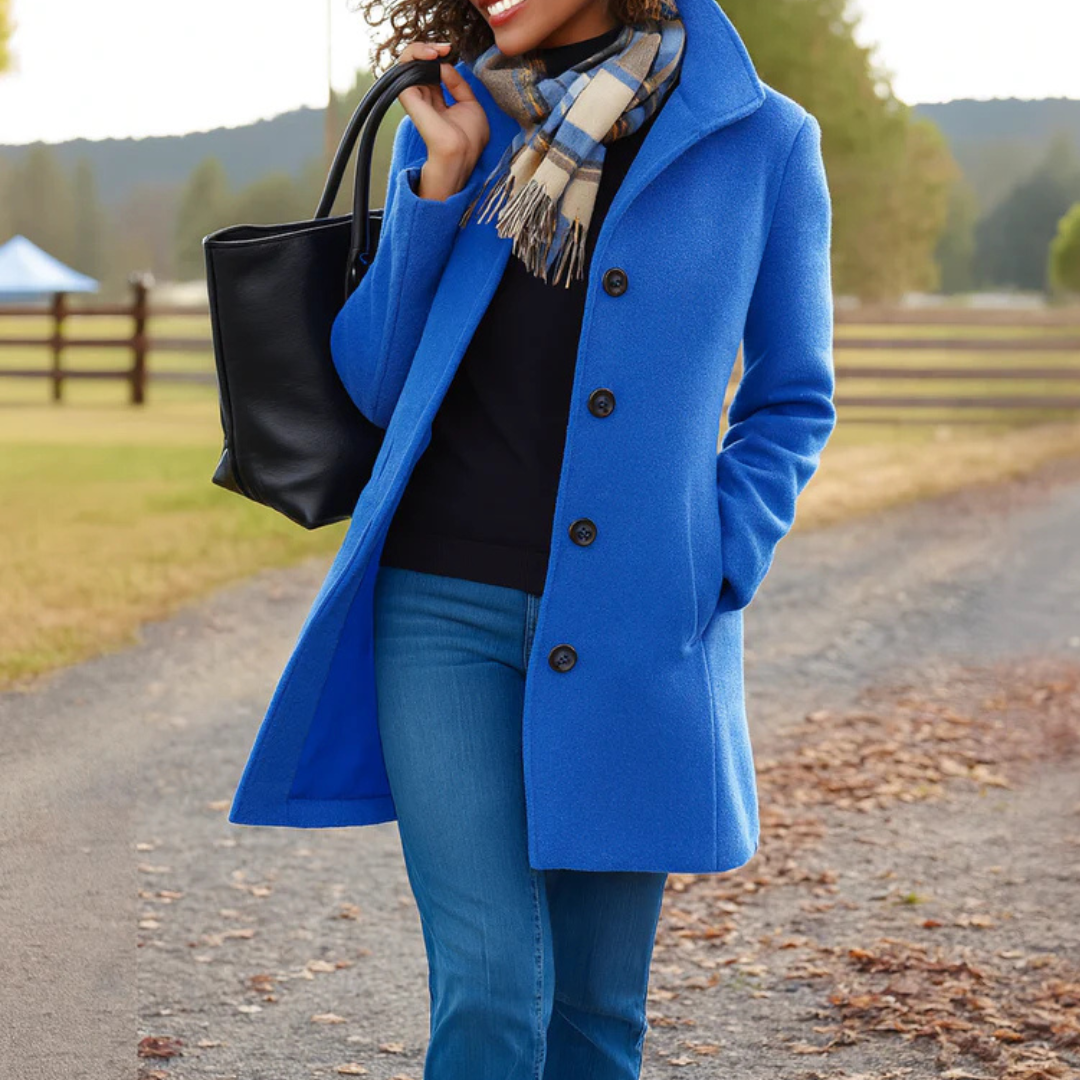 Lange Dames Mantel Jas Met Brede Kraag En Knoopsluiting