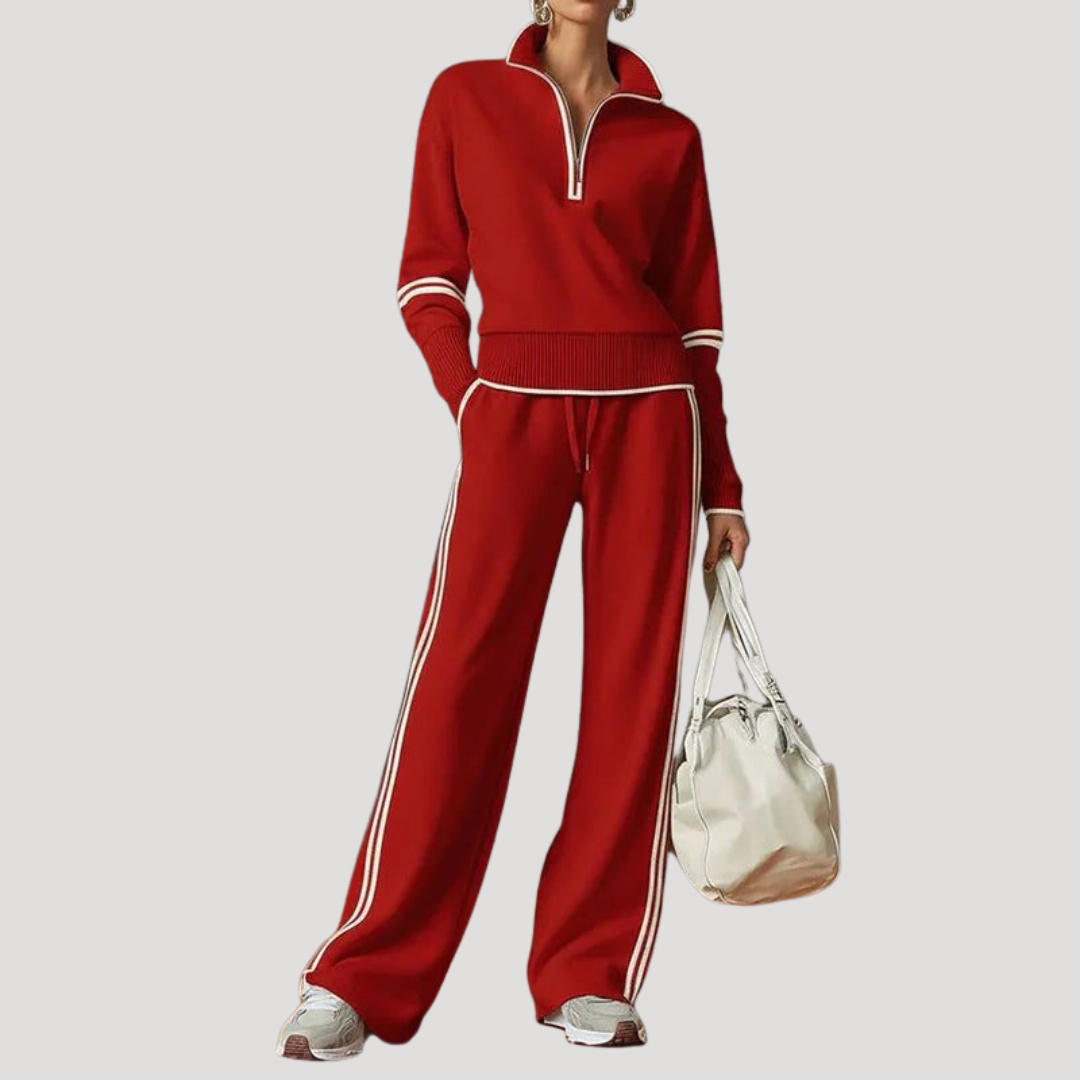 Sportieve Tweedelige Dames Set Met Hoge Kraag En Wijde Broek