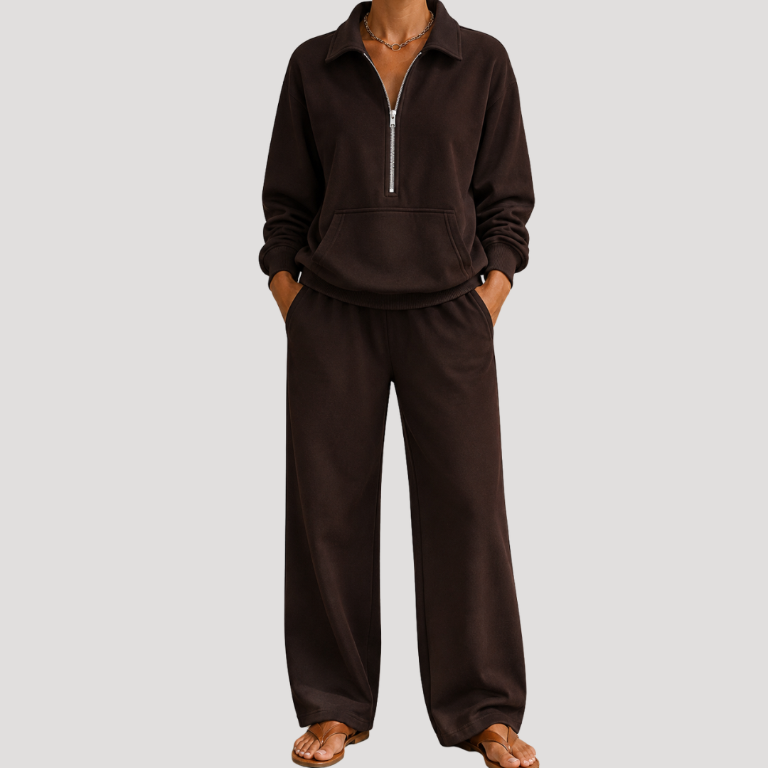 Warme Dames Tweedelige Set Met Ritskraag En Lange Broek