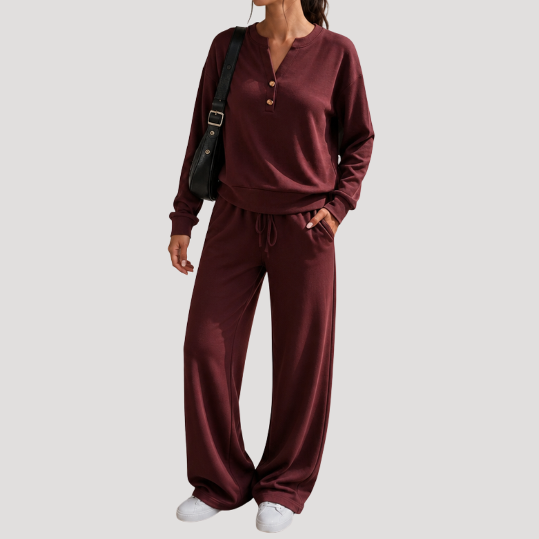 Casual Dames Tweedelige Set Met Knoopdetail En Trekkoordbroek