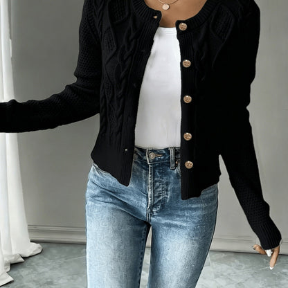 Dames Gebreid Korte Cardigan Met Kabelpatroon En Gouden Knopen