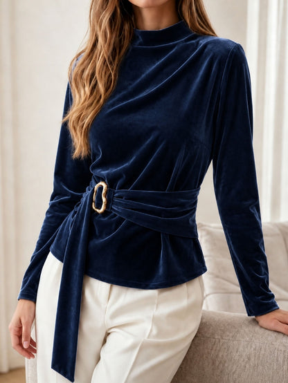 Trui Dames Met Hoge Kraag – Sweater Met Fluwelen Banddetail