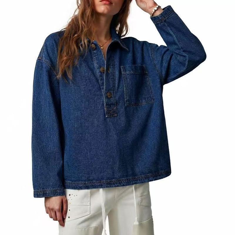 Denim Blouse Dames Met Lange Mouwen – Verbleekte Spijkerlook