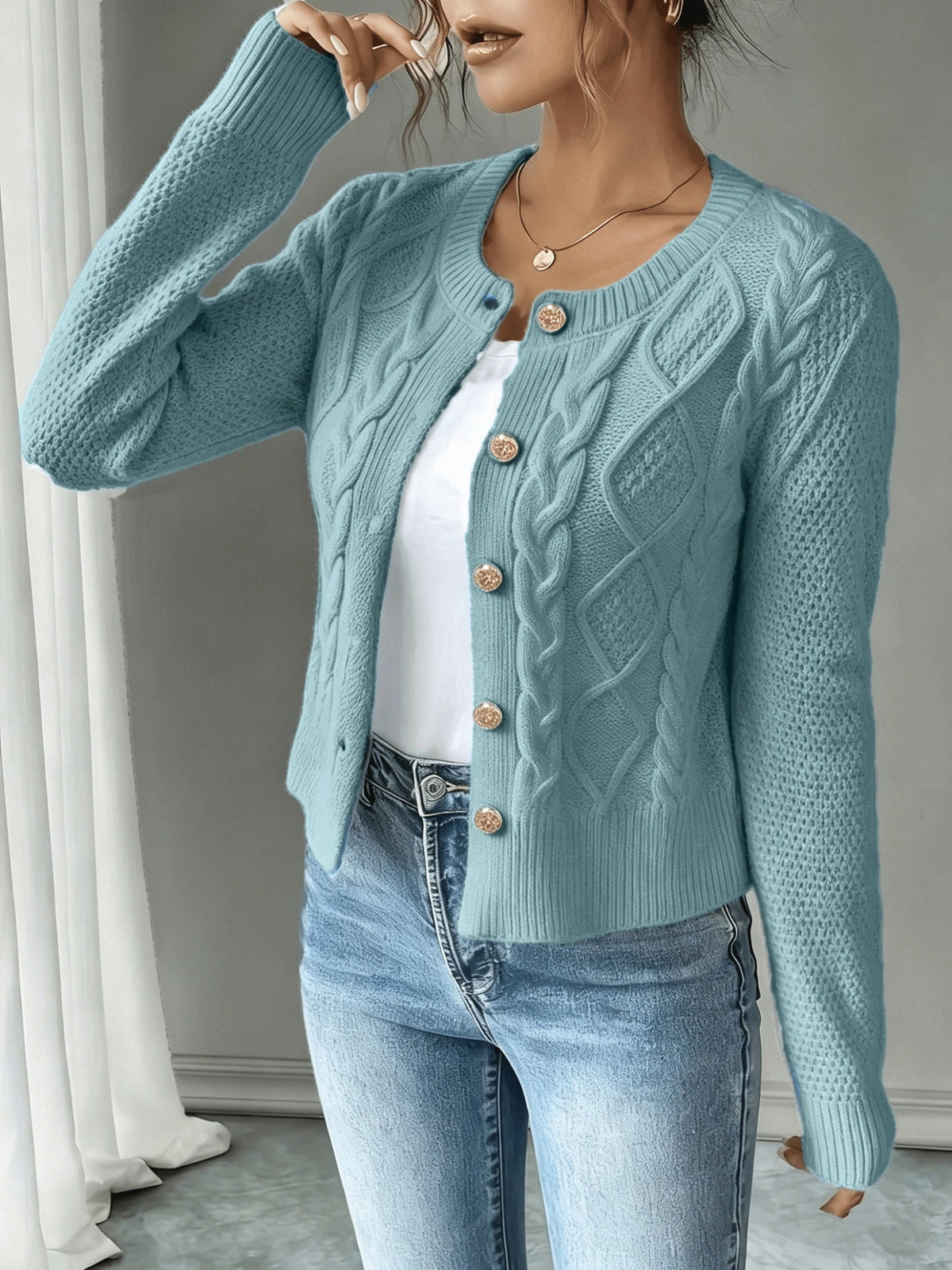 Dames Gebreid Korte Cardigan Met Kabelpatroon En Gouden Knopen