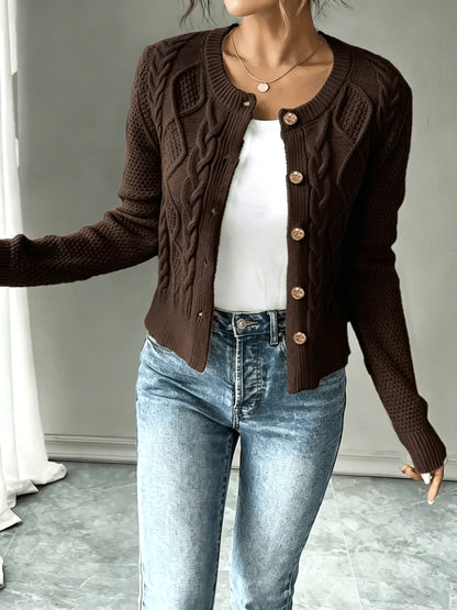 Dames Gebreid Korte Cardigan Met Kabelpatroon En Gouden Knopen