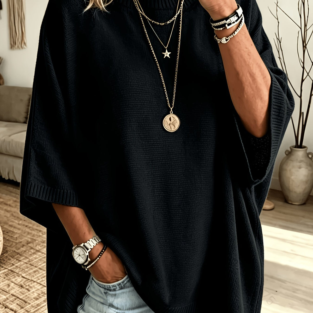 Oversized Trui Dames – Fijngebreide Trui Met Vleermuismouwen