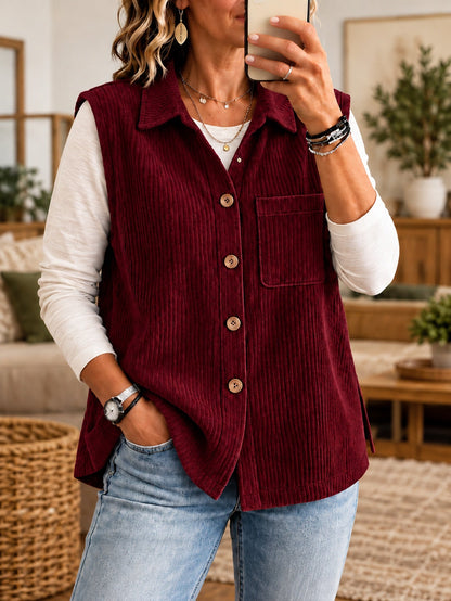 Corduroy Gilet Dames Met Kraag – Knopen & Borstzak