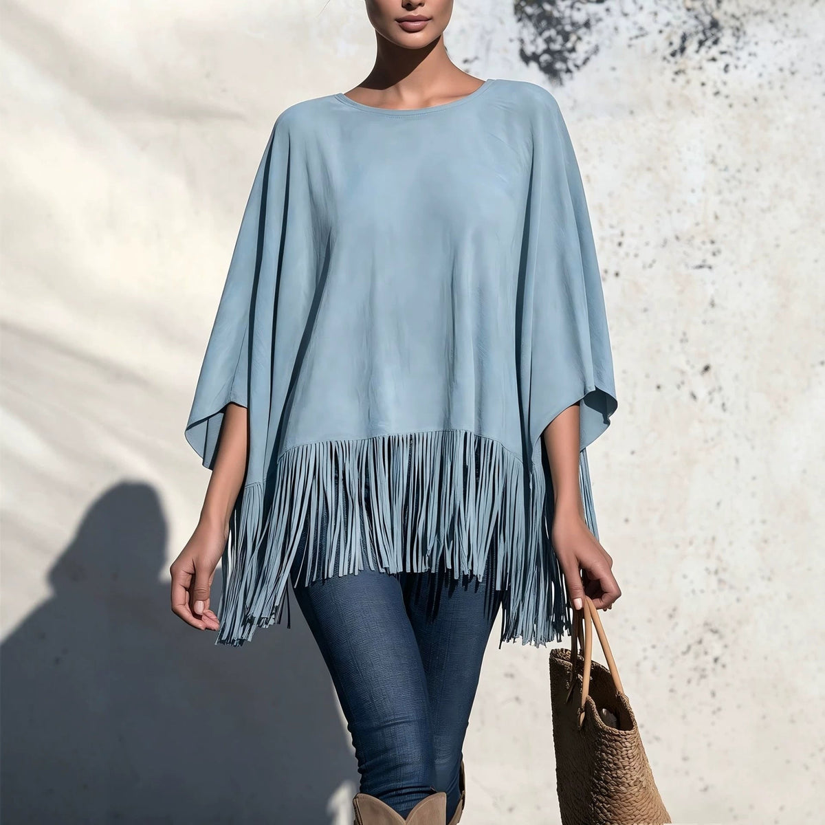 Losvallende Blouse Dames Met Franjes – Top Met Ronde Hals