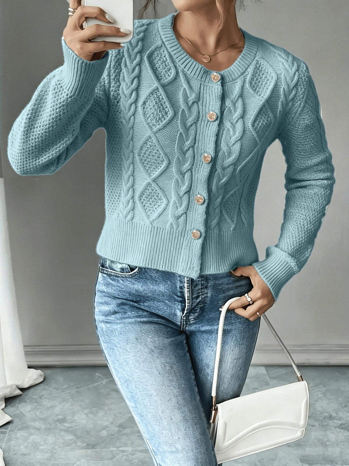 Dames Gebreid Korte Cardigan Met Kabelpatroon En Gouden Knopen