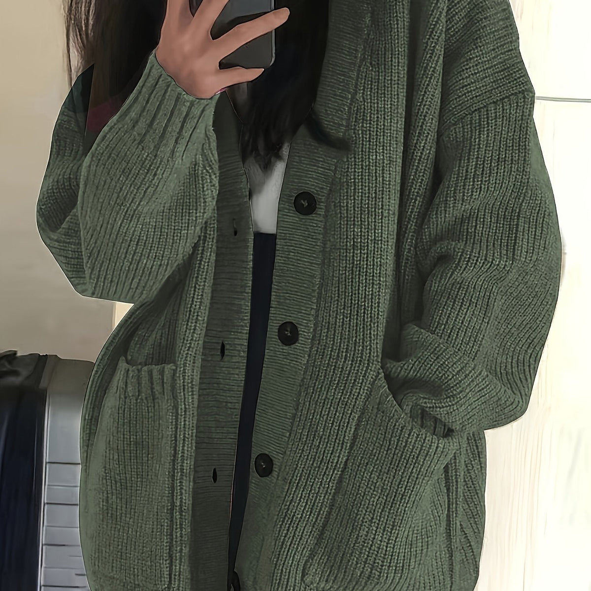 Lange Oversized Dames Cardigan Met V-Hals En Opgestikte Zakken