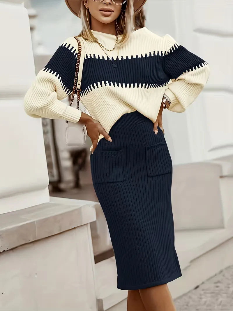Tweedelige Ribgebreide Set Dames – Trui & Bijpassende Rok