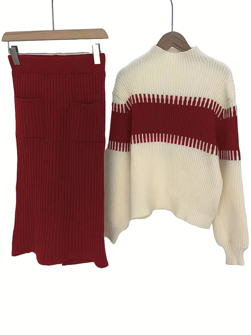 Tweedelige Ribgebreide Set Dames – Trui & Bijpassende Rok