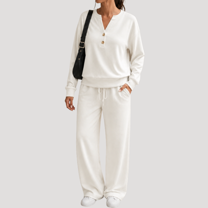 Casual Dames Tweedelige Set Met Knoopdetail En Trekkoordbroek