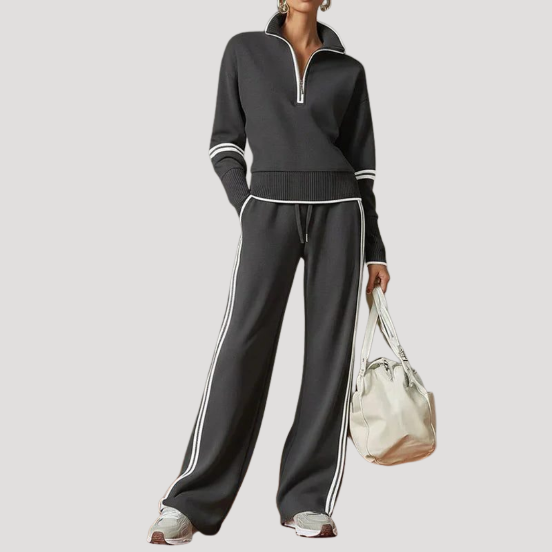 Sportieve Tweedelige Dames Set Met Hoge Kraag En Wijde Broek