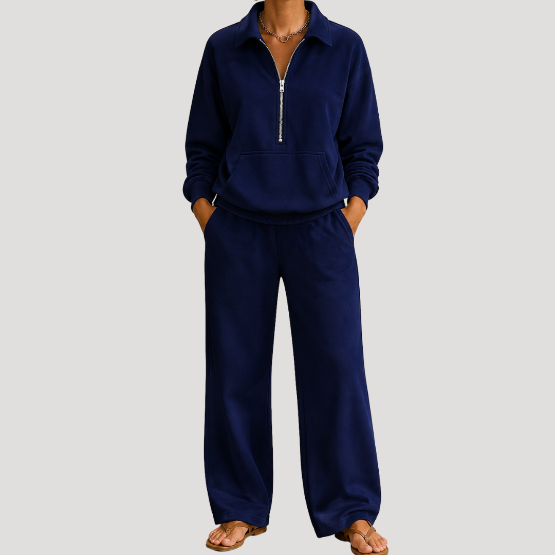 Warme Dames Tweedelige Set Met Ritskraag En Lange Broek