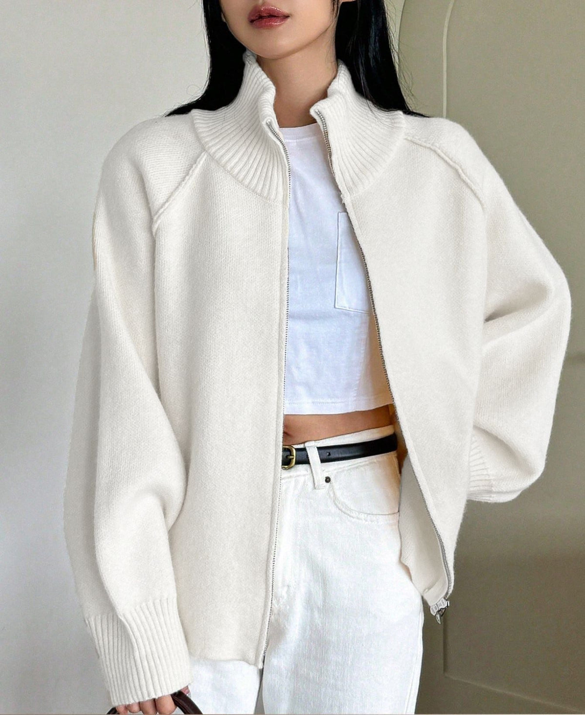 Oversized Dames Vest Met Geribde Kraag En Lange Mouwen