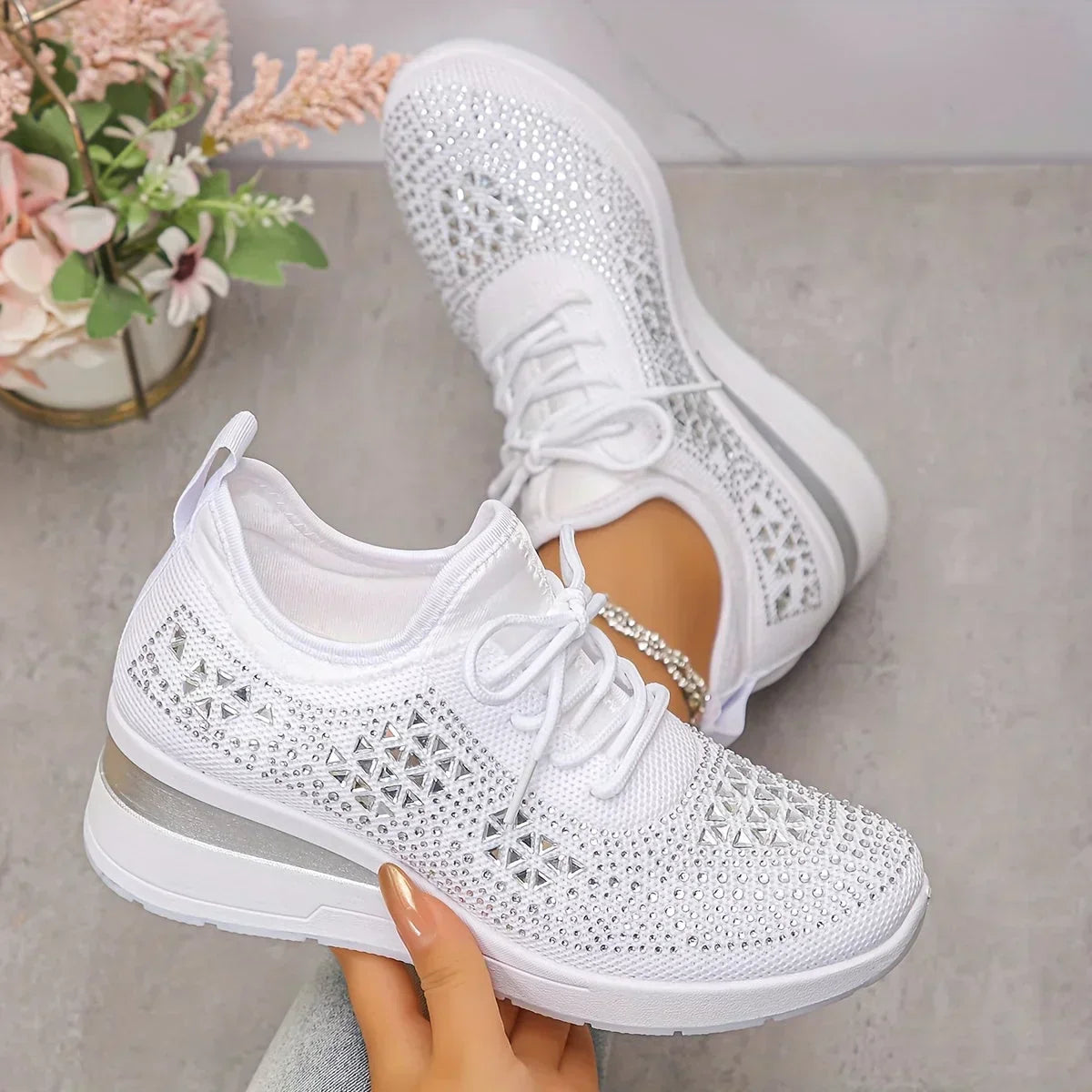 Platform Sneakers Dames – Veterschoenen Met Strass