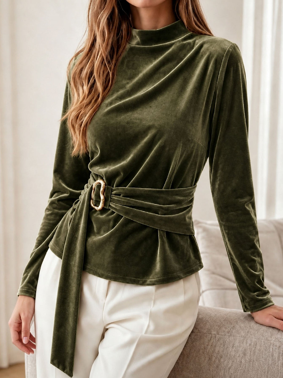 Trui Dames Met Hoge Kraag – Sweater Met Fluwelen Banddetail