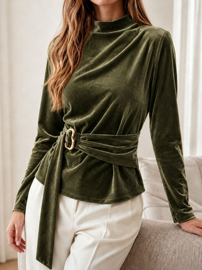 Trui Dames Met Hoge Kraag – Sweater Met Fluwelen Banddetail