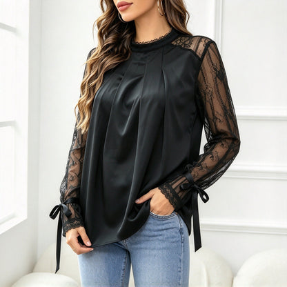 Kanten Blouse Dames Met Hoge Kraag – Plooien & Lange Mouwen