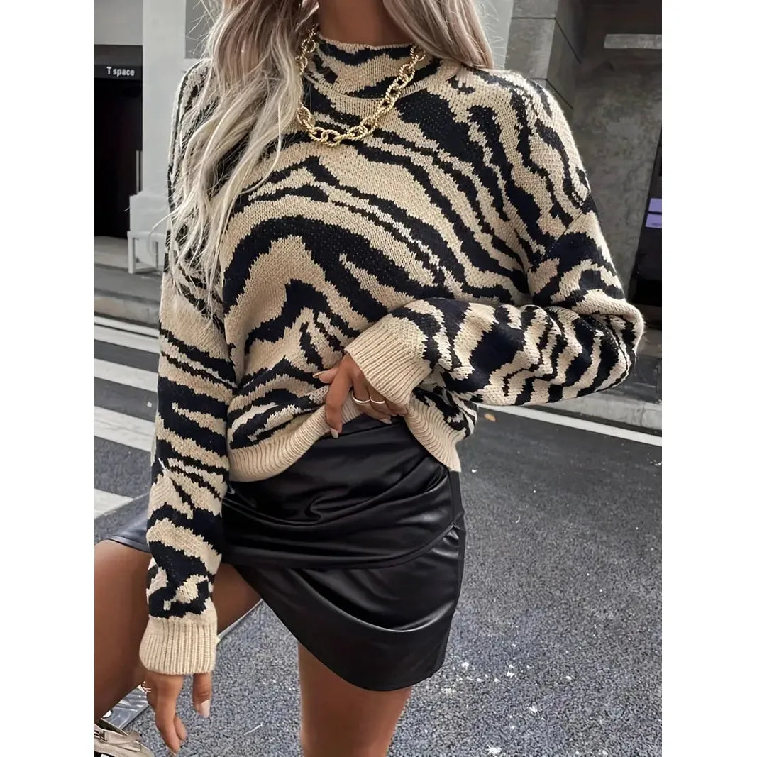 Zebraprint Trui Dames – Gebreide Sweater Met Ronde Hals