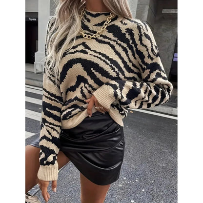 Zebraprint Trui Dames – Gebreide Sweater Met Ronde Hals
