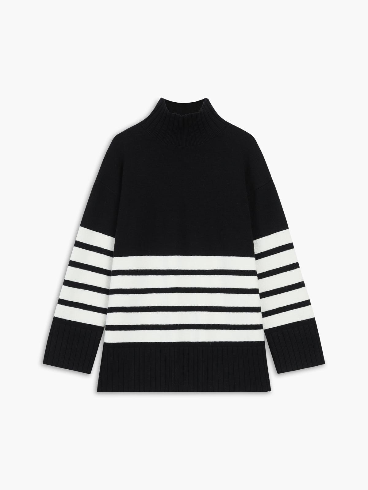 Oversized Gestreepte Trui Dames – Sweater Met Hoge Kraag