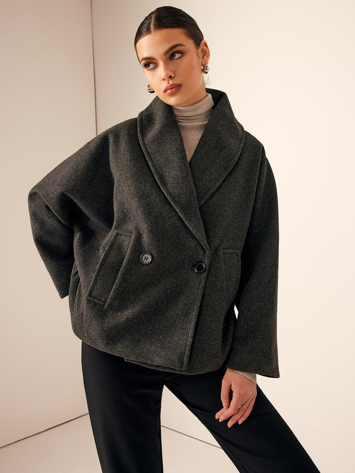 Oversized Wollen Jas Voor Dames Met Sjaalkraag En Wijde Mouwen