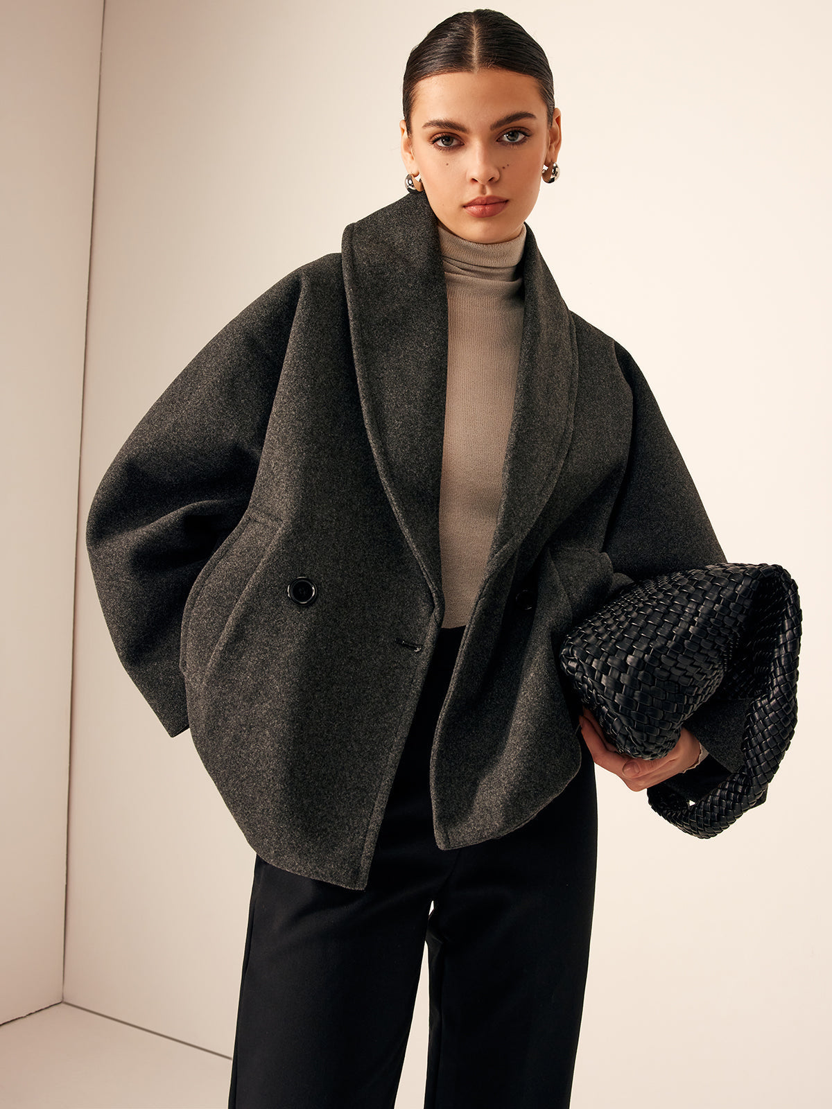 Oversized Wollen Jas Voor Dames Met Sjaalkraag En Wijde Mouwen