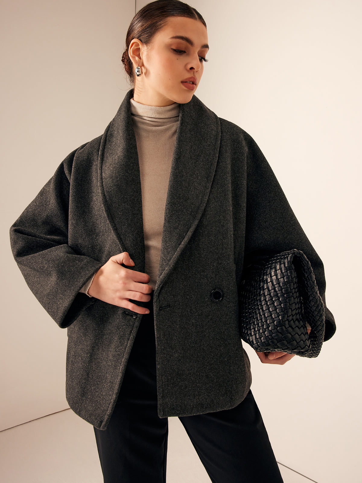 Oversized Wollen Jas Voor Dames Met Sjaalkraag En Wijde Mouwen