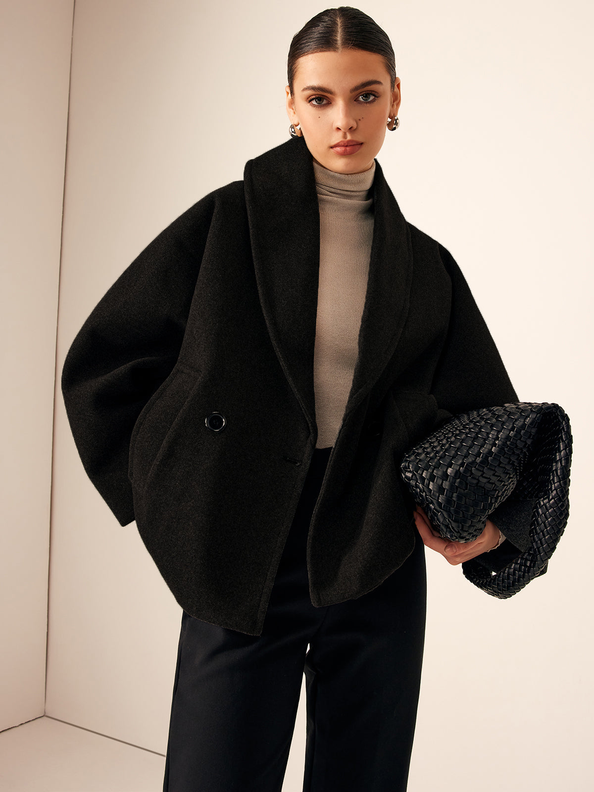 Oversized Wollen Jas Voor Dames Met Sjaalkraag En Wijde Mouwen
