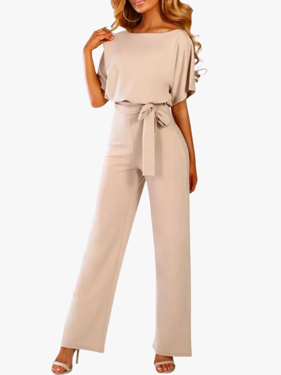 Wijde Dames Jumpsuit Met Strikceintuur En Korte Mouwen