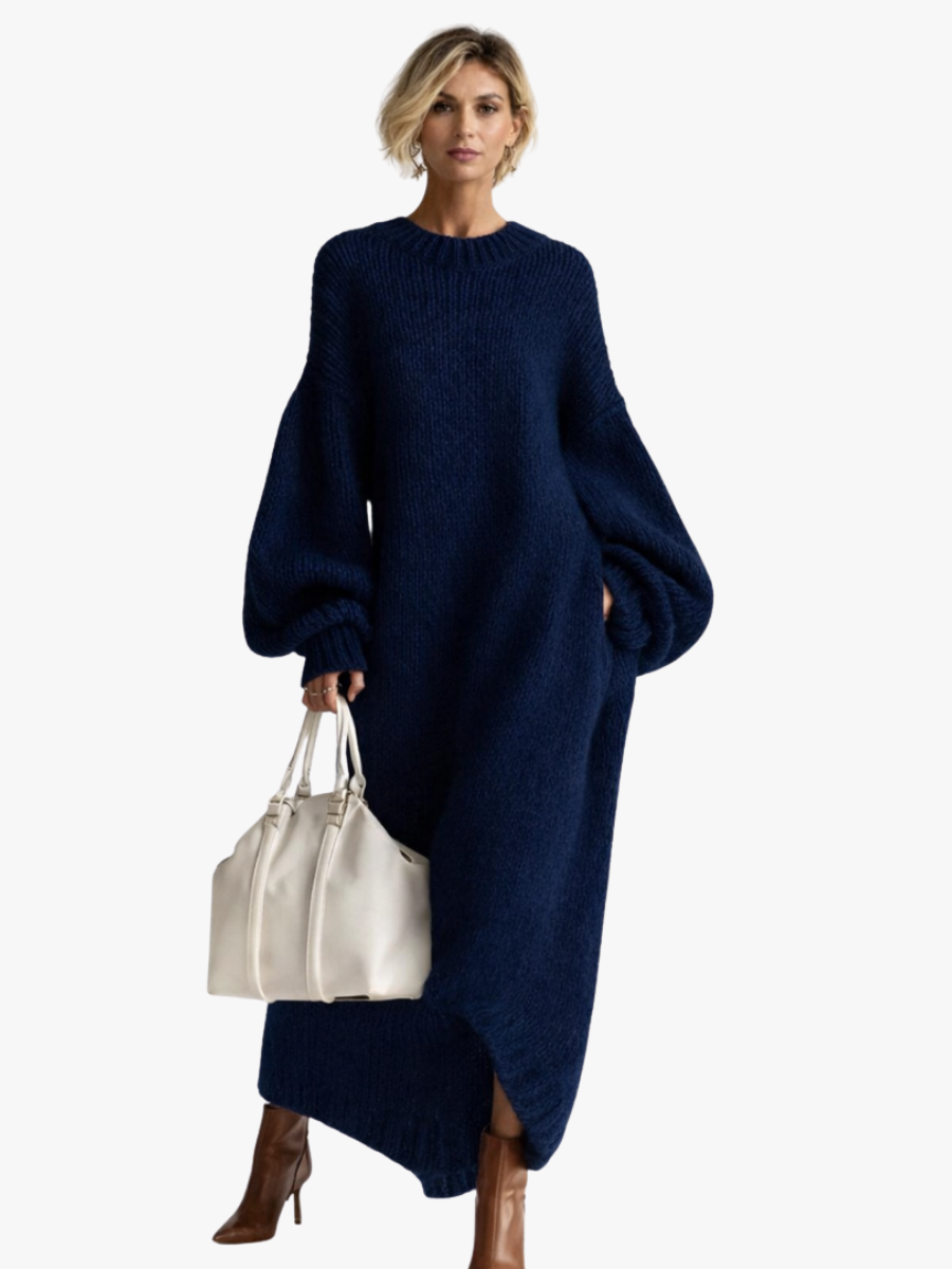 Oversized Dames Gebreide Maxi Jurk Met Ronde Hals