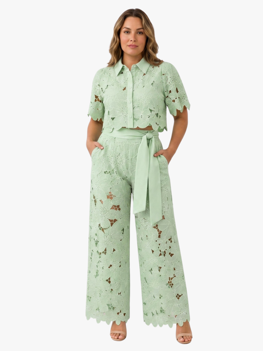Chique Dames Tweedelige Set Met Bloemenkant En Wijde Broek