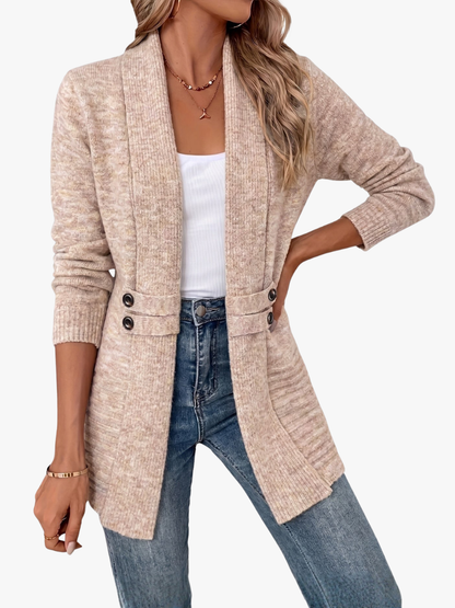 Lang Dames Cardigan Met Sjaalkraag En Decoratieve Knopen