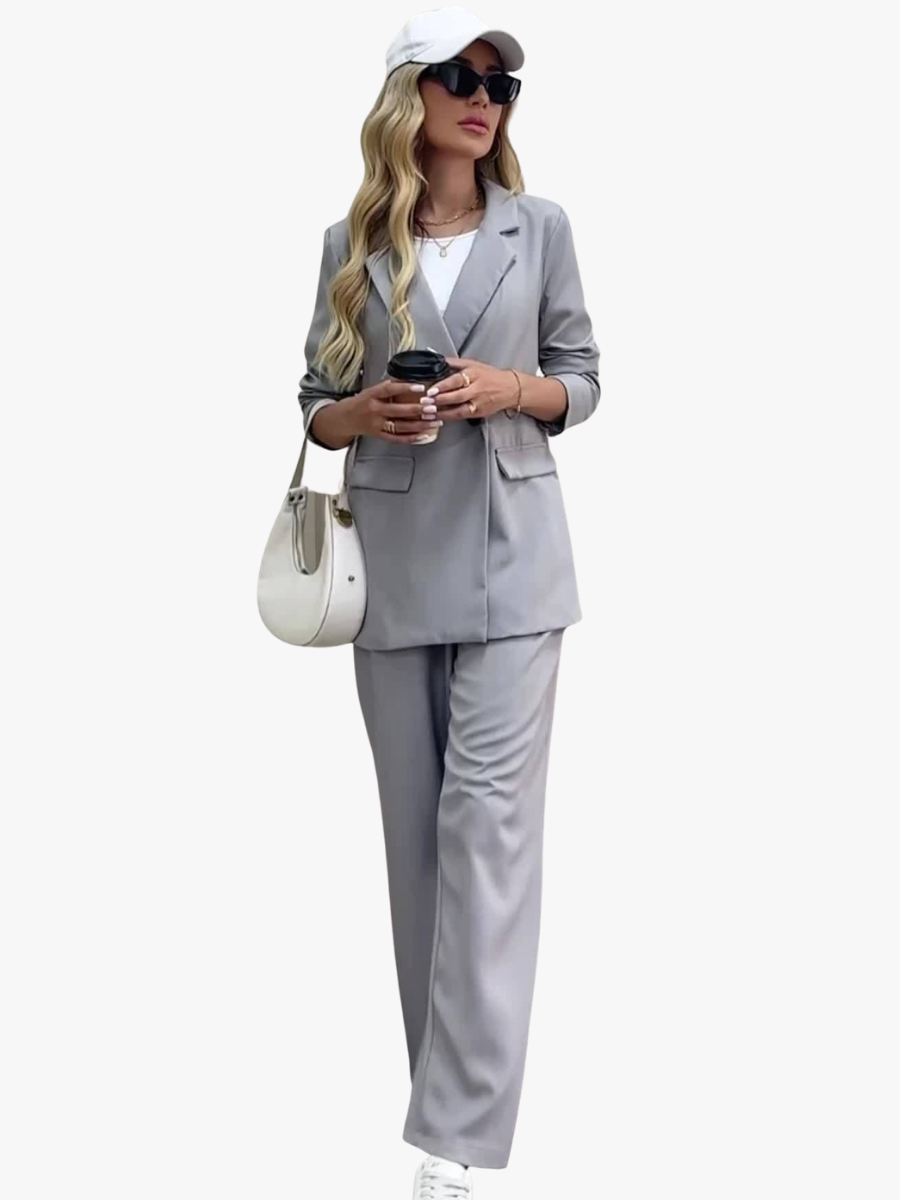 Elegante Dames Blazer Set Met Wijde Pantalon