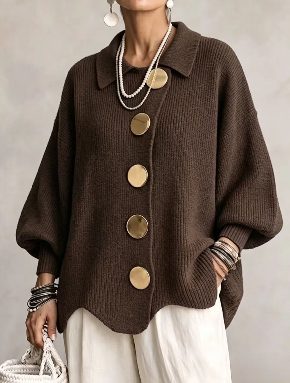 Oversized Gebreid Vest Dames – Cardigan Met Grote Knopen