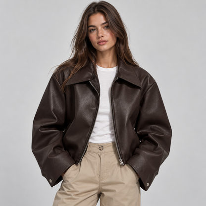 Dames Leren Bomberjack Met Oversized Pasvorm