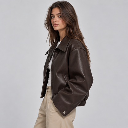 Dames Leren Bomberjack Met Oversized Pasvorm