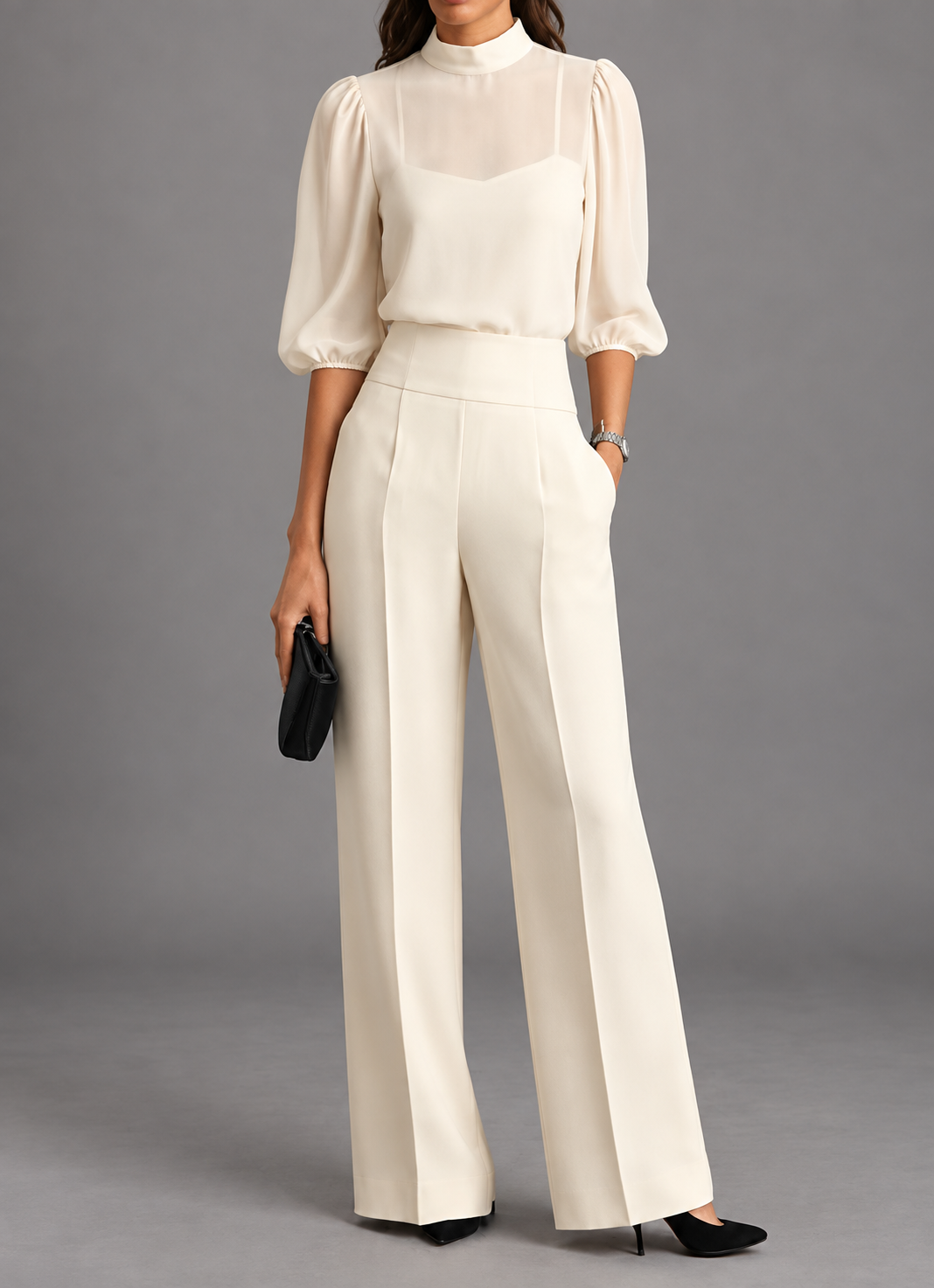 Luxe Dames Jumpsuit Met Transparante Mouwen En Wijde Pijpen